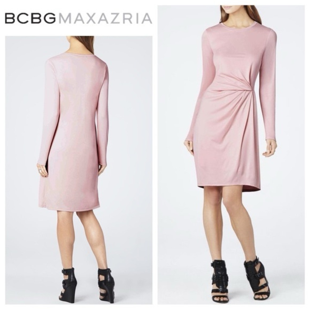 NWT BCBG Roxie Front Tuck Pleat Long-Sleeve Dress in Vintage Whisper Pink Large